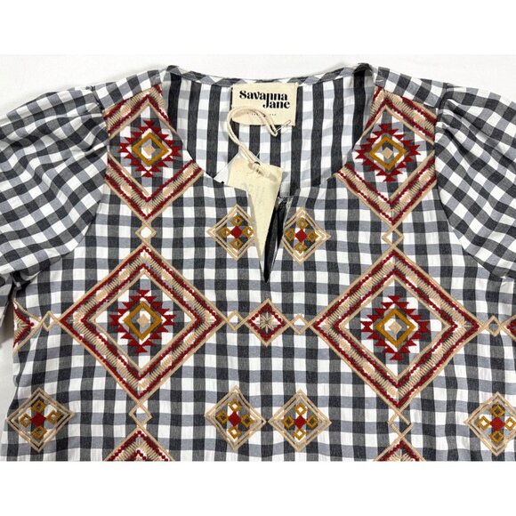 Savanna Jane Embroidered Gingham Blouse S NWT Boho Western Aztec Soft Geometric - Picture 3 of 14